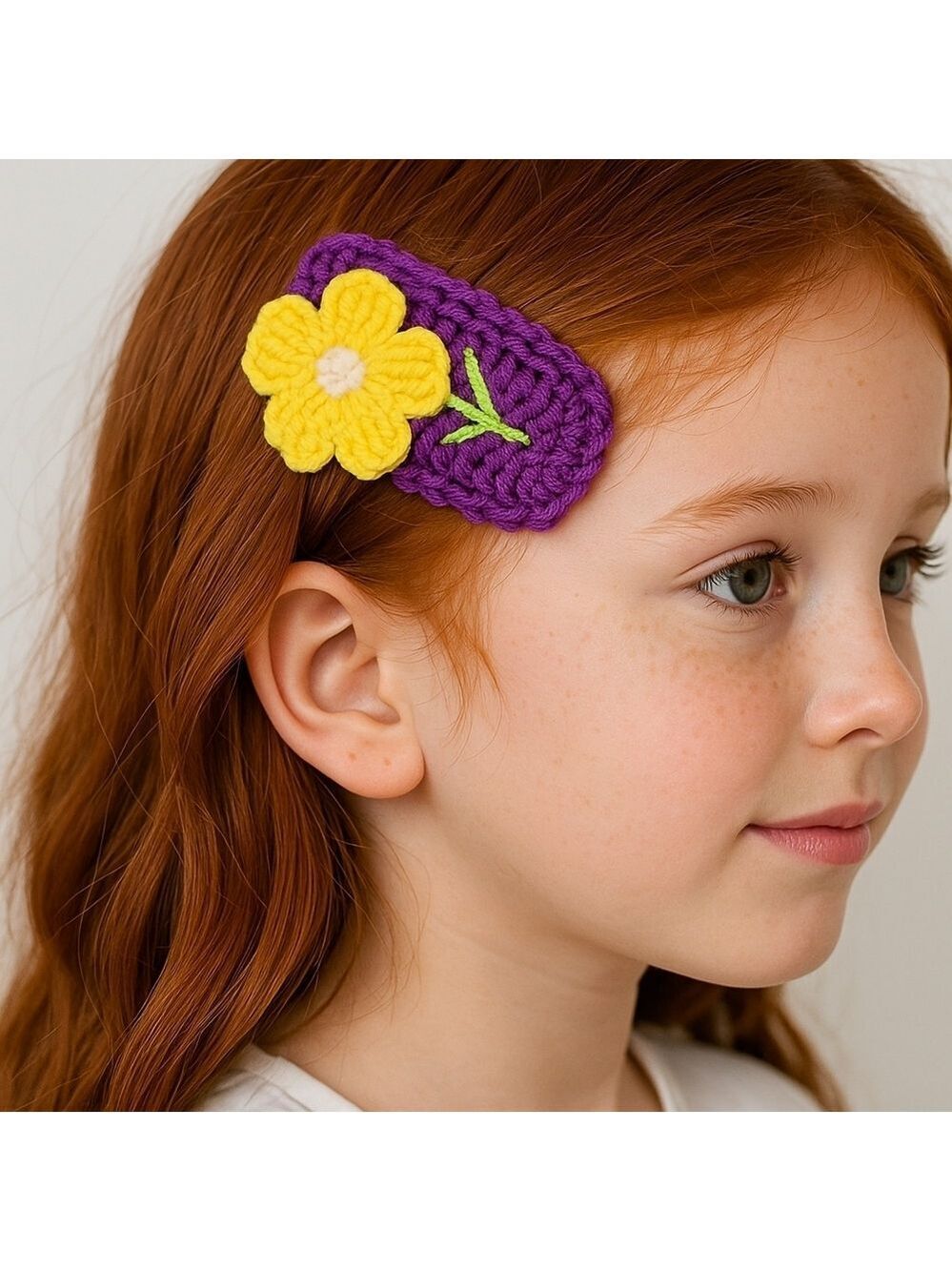 Hand Crafted crochet hair clip handmade purple with yellow flower snap clip bow